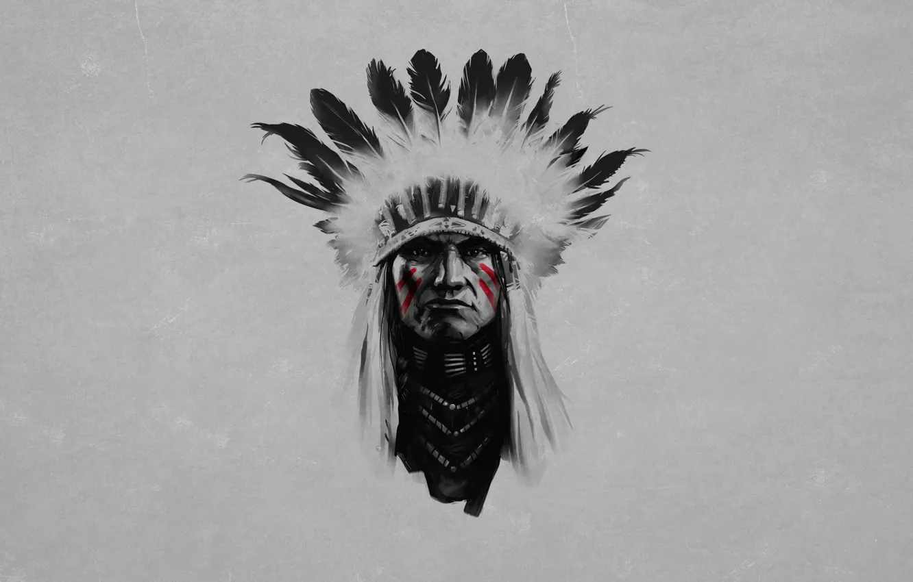 Photo wallpaper black and white, feathers, serious, painting, Indian, red, stripes red, the leader