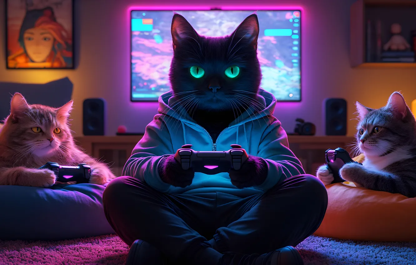 Photo wallpaper cat, the game, joystick, gamer, gamers