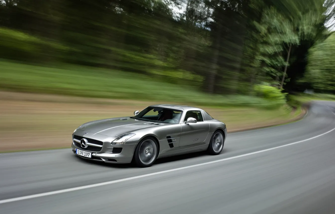 Photo wallpaper road, trees, speed, mercedes, benz, sls, amg