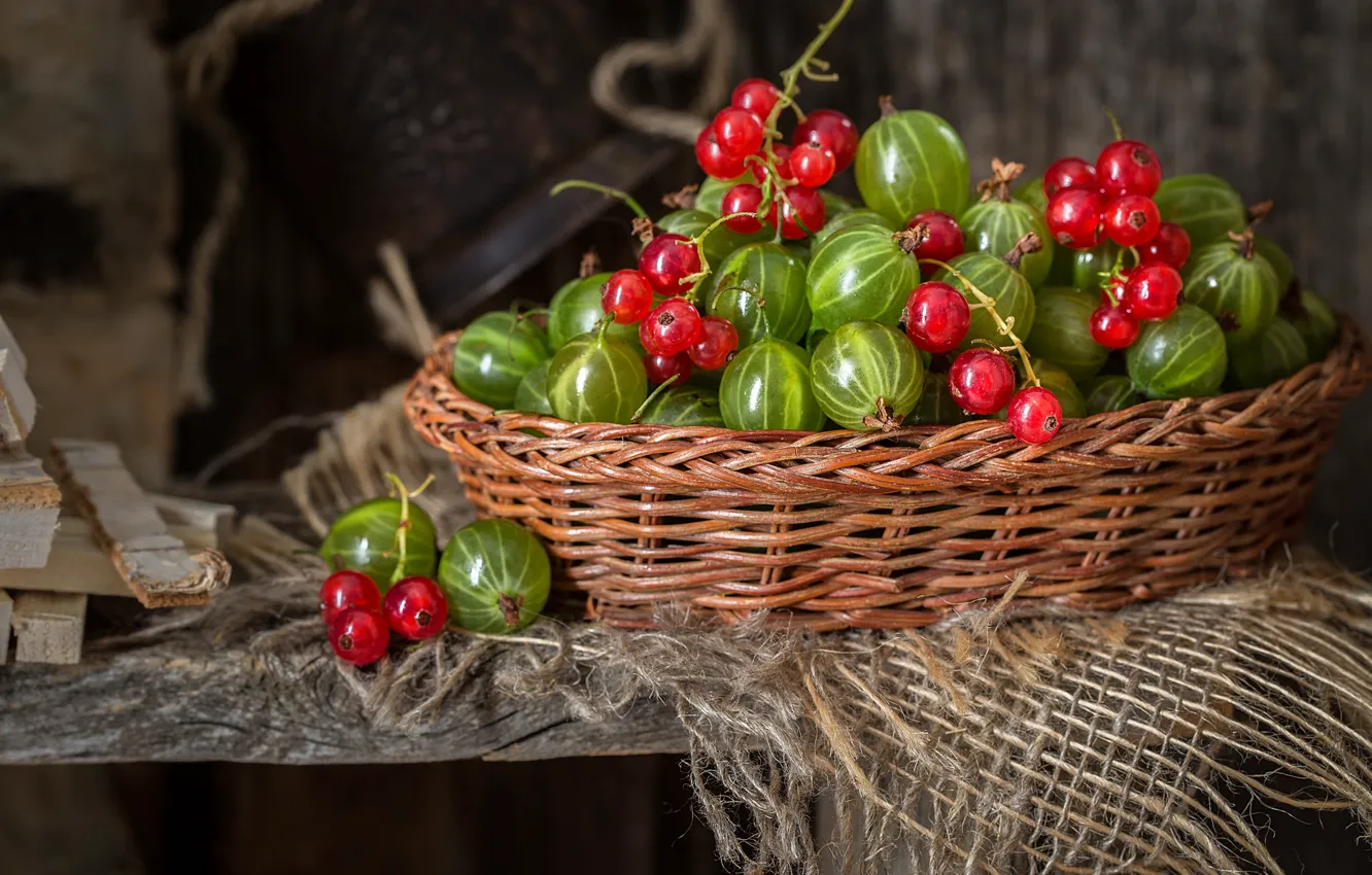 Photo wallpaper berries, still life, basket, currants, gooseberry