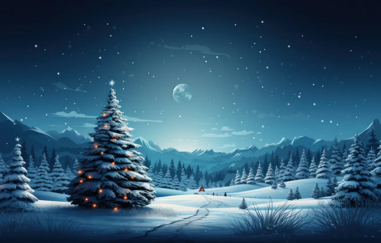 Photo wallpaper winter, frost, forest, the sky, snow, mountains, night, the moon