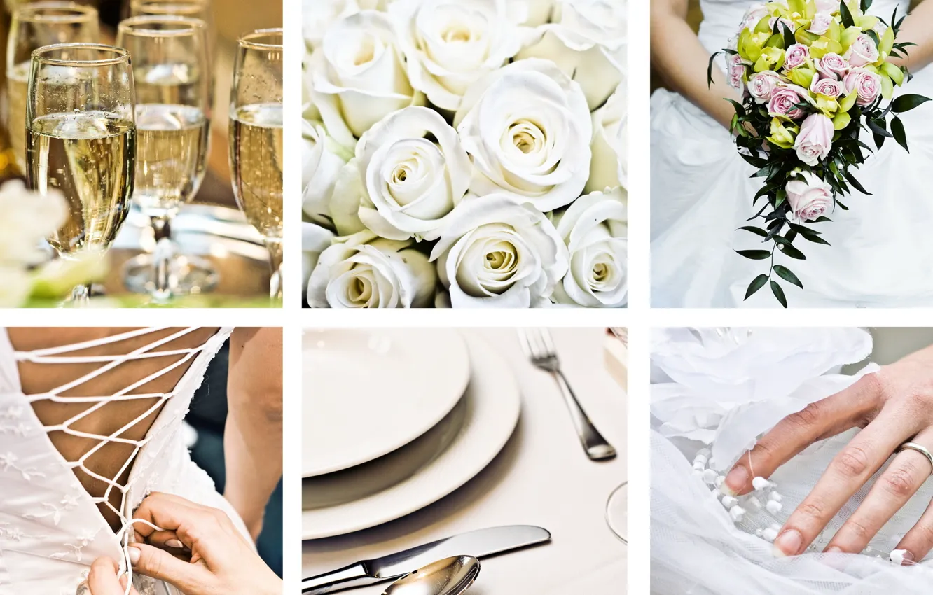 Photo wallpaper flowers, holiday, collage, glasses, wedding