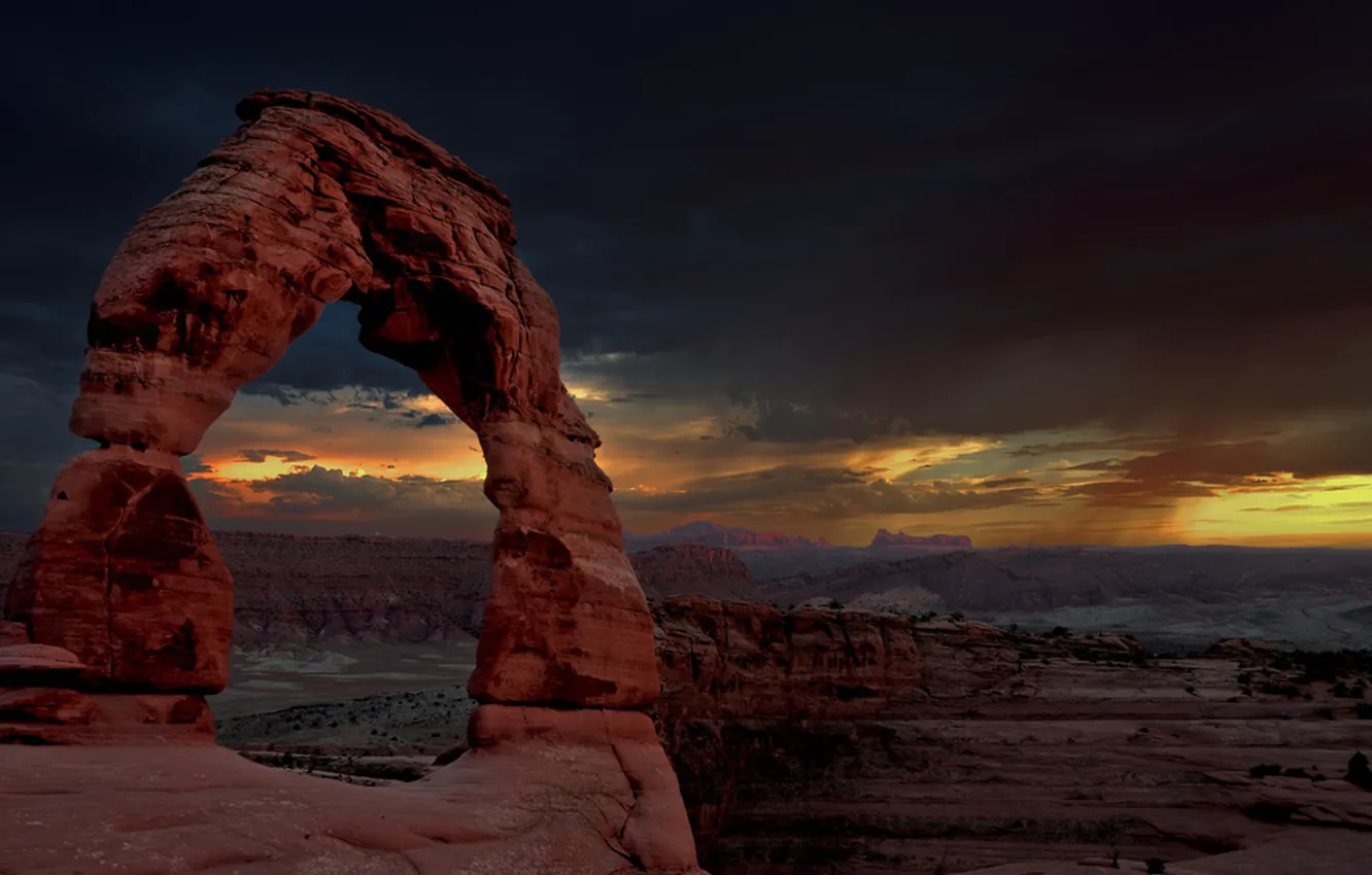 Photo wallpaper the sky, clouds, clouds, nature, desert, arch, USA, Arches National Park