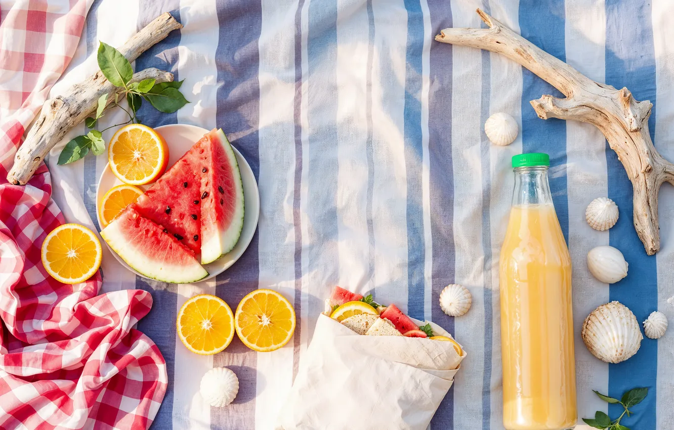 Photo wallpaper beach, summer, the sun, stay, summer, fruit, sunshine, picnic