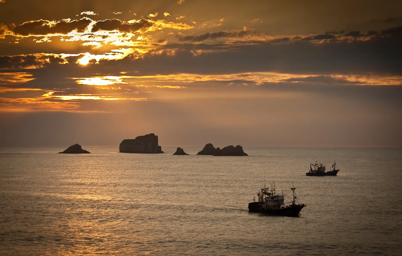 Photo wallpaper sea, landscape, sunset, ships