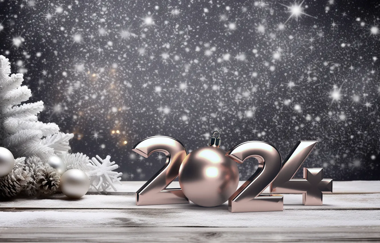 Photo wallpaper winter, snow, balls, new year, Christmas, figures, balls, winter