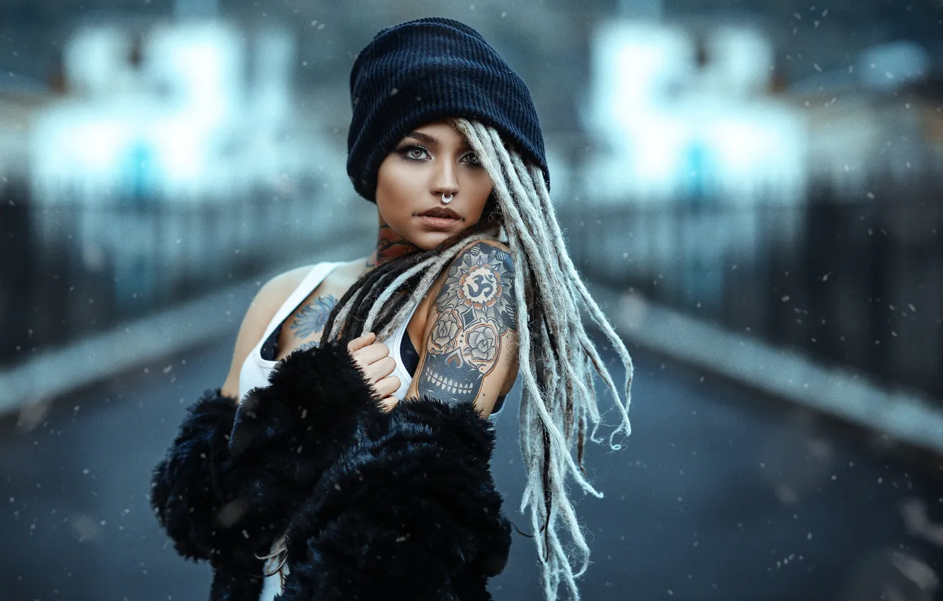 Photo wallpaper girl, model, hat, piercing, tattoo, coat, dreadlocks, Alessandro Di Cicco