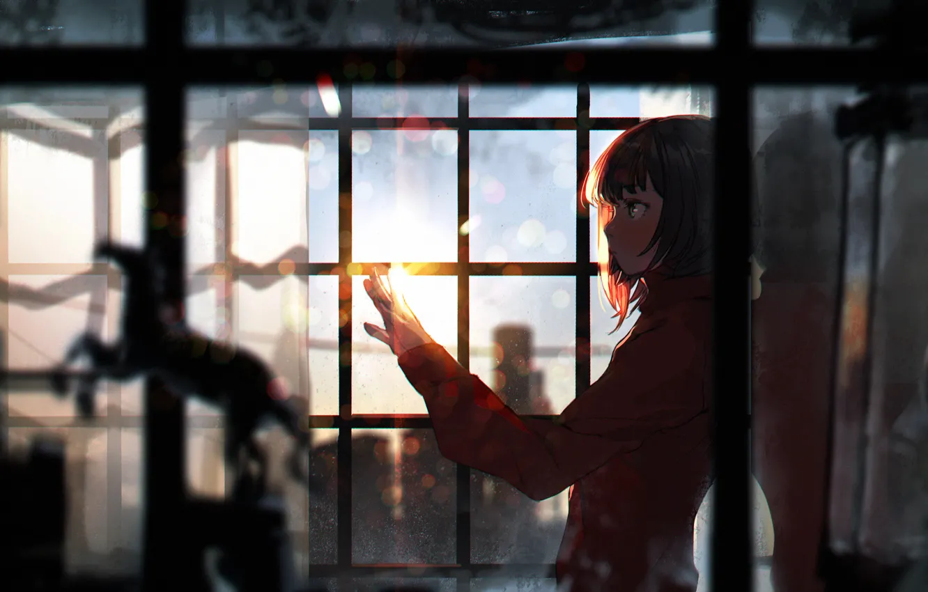 Photo wallpaper girl, sunset, anime, window, art, sumiobunnya