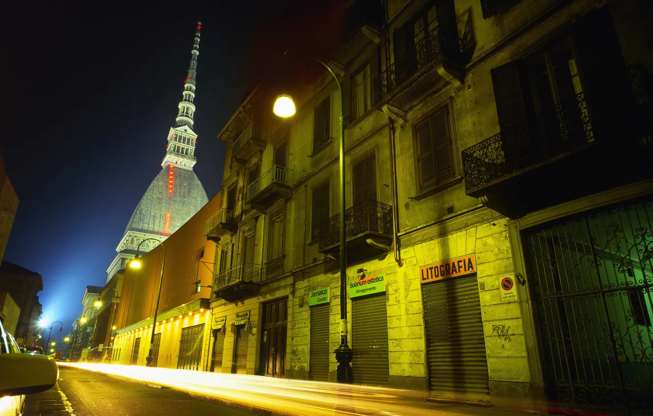 Photo wallpaper night, lights, street, building, Italy, lamps, Turin, tower Mole Antonelliana