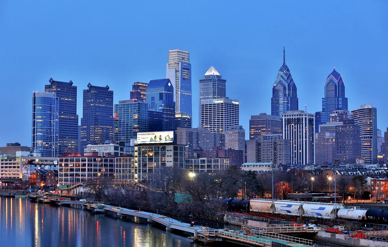 Photo wallpaper river, skyscrapers, Philadelphia, promenade, Delaware, blue time