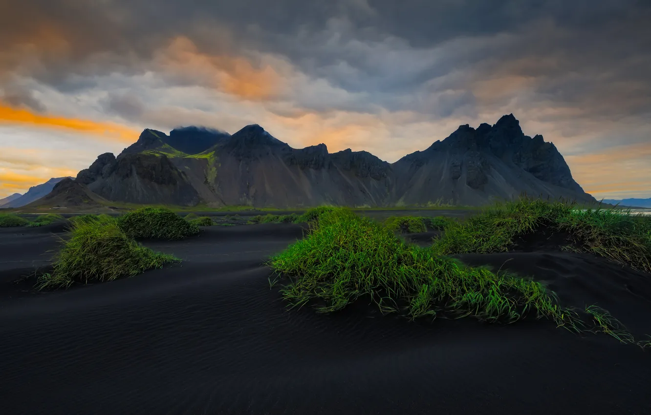 Photo wallpaper sand, the sky, grass, clouds, light, mountains, clouds, rocks