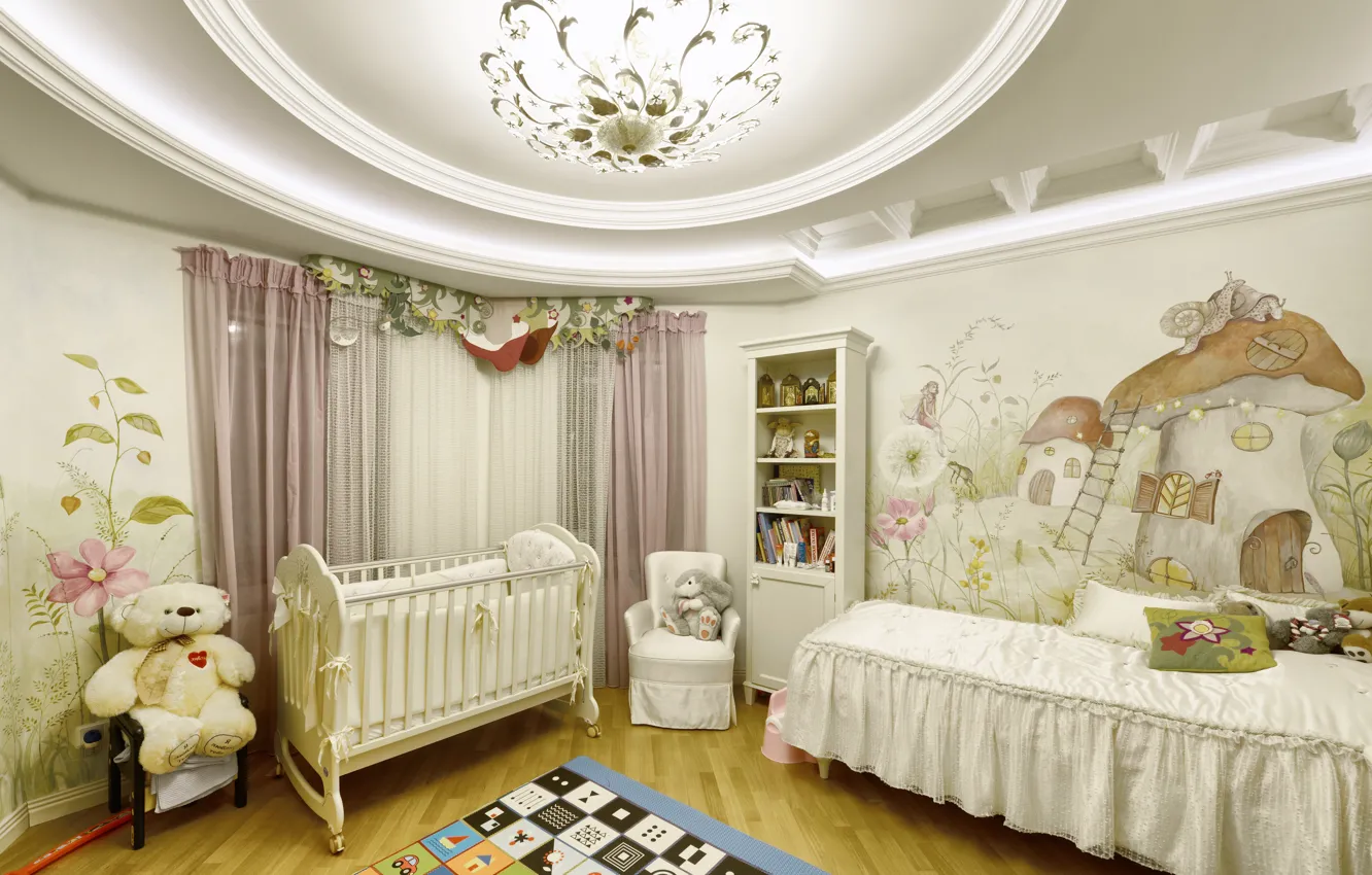 Photo wallpaper design, toy, bed, interior, bear, children's room