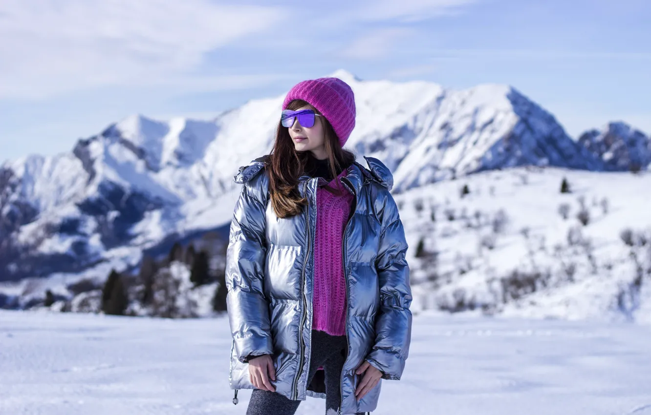 Photo wallpaper winter, girl, snow, sweetheart, hat, glasses, jacket, beautiful