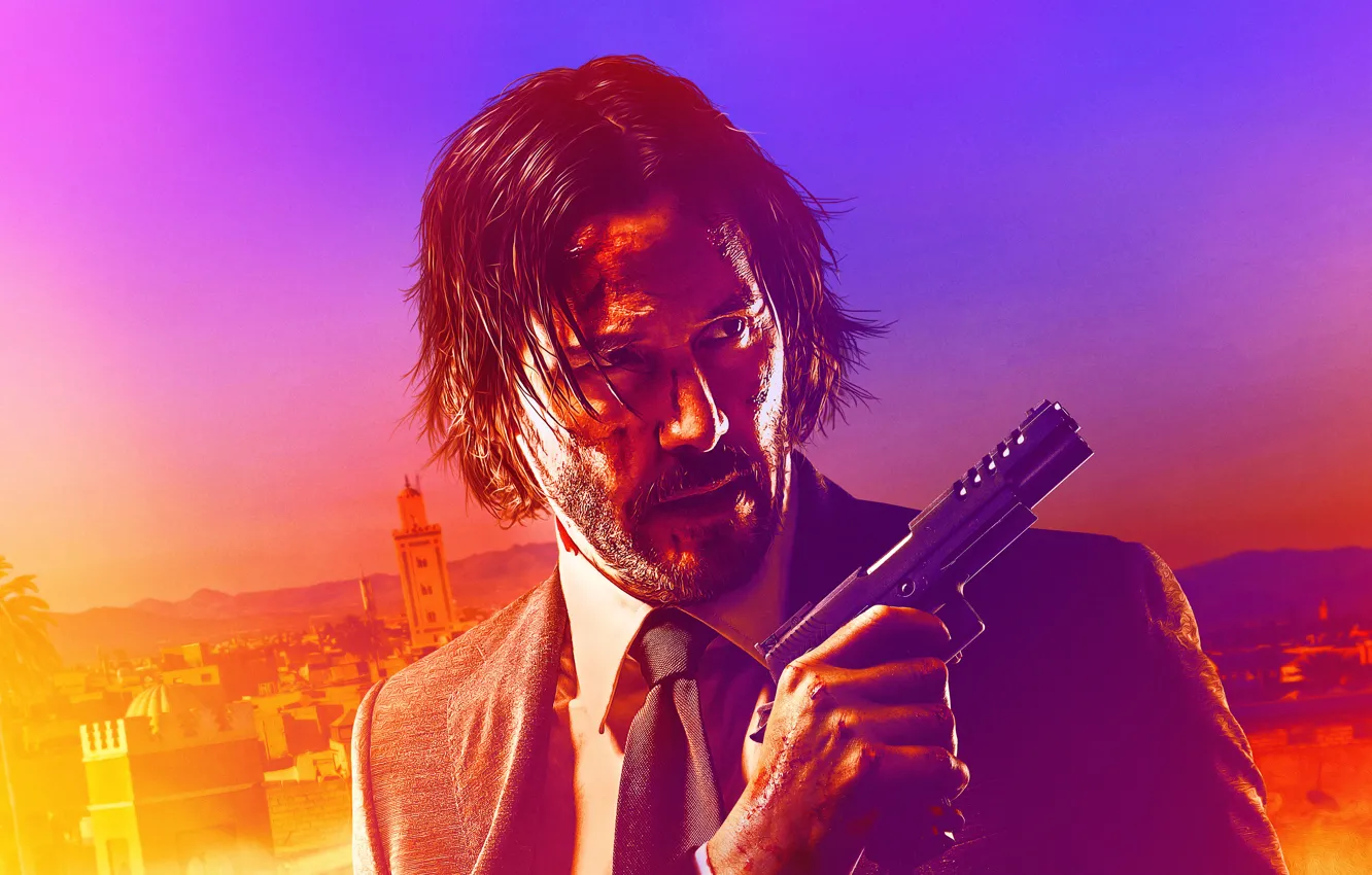 Photo wallpaper gun, background, portrait, costume, action, poster, Keanu Reeves, Keanu Reeves