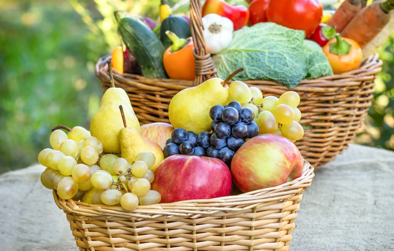 Photo wallpaper basket, apples, grapes, vegetables, pear