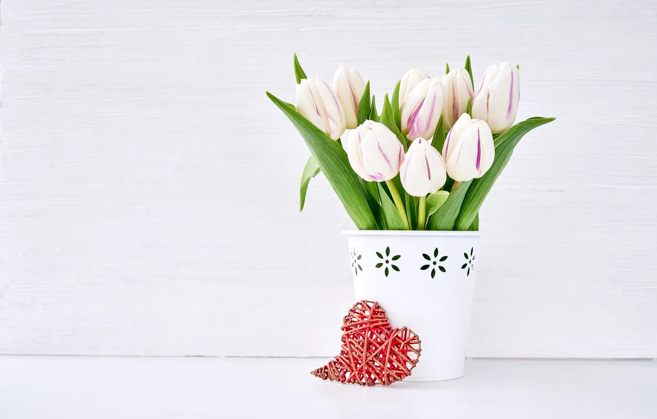 Photo wallpaper love, flowers, heart, bouquet, tulips, love, white, white