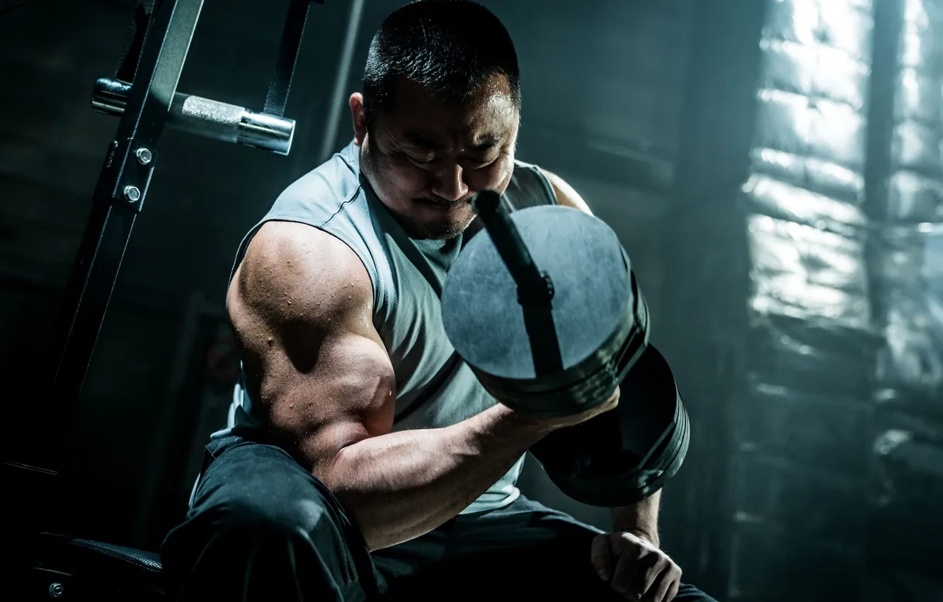 Photo wallpaper pose, figure, trainer, dumbbells, biceps, Ma Dong-seok, Ma Dong Seok, Ma Dong-seok