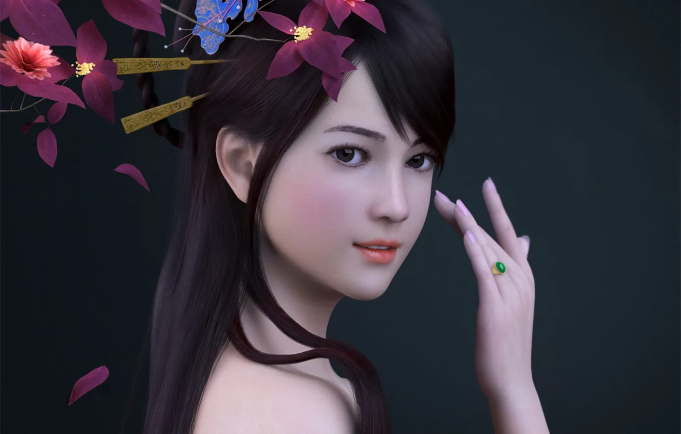 Photo wallpaper girl, flowers, hand, ring, Asian, render, zhang qiang