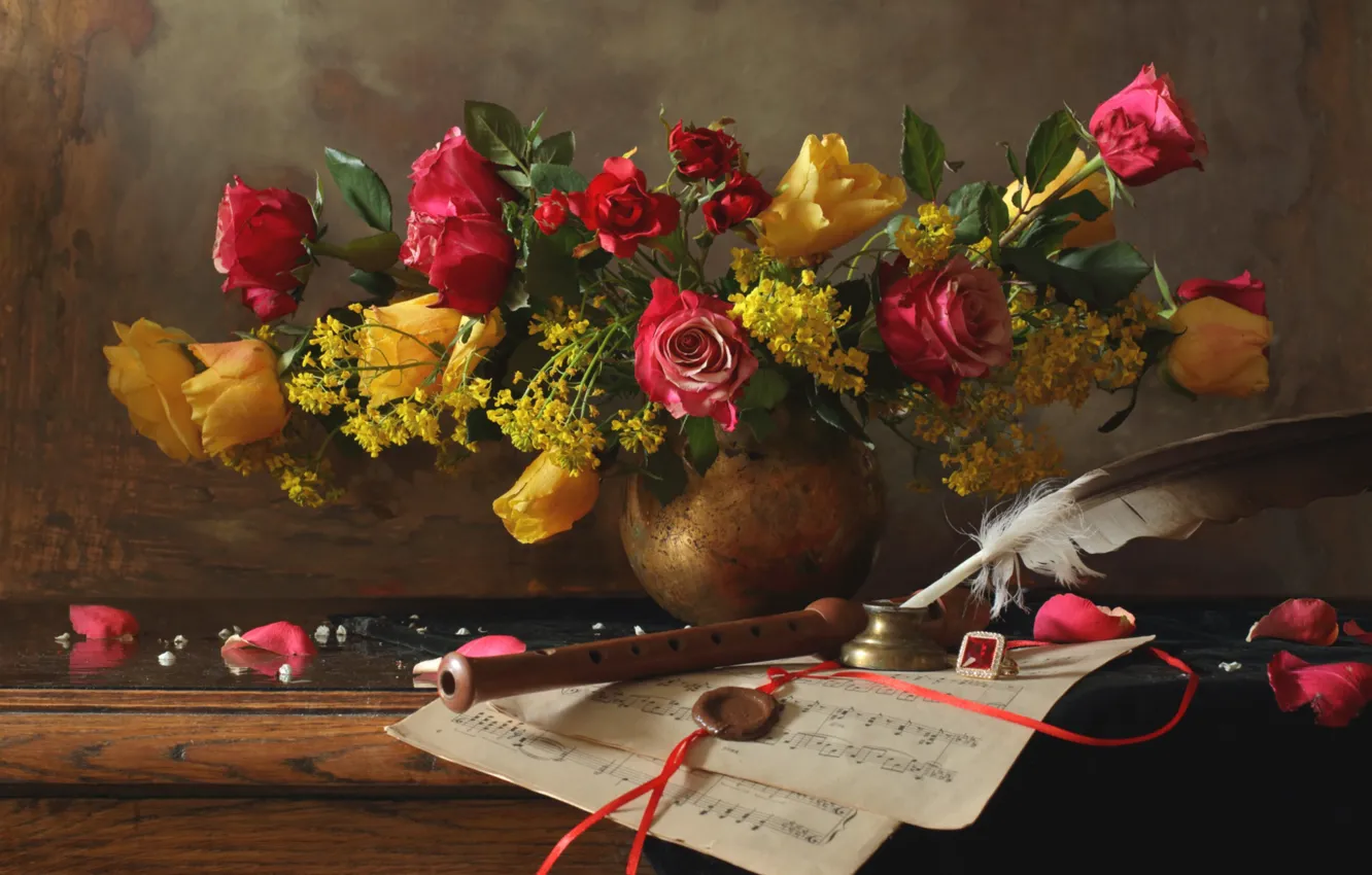 Photo wallpaper notes, pen, roses, bouquet, flute, ring