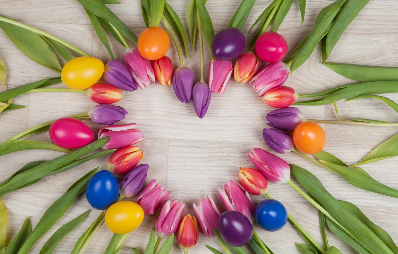 Photo wallpaper flowers, eggs, spring, colorful, Easter, heart, wood, flowers