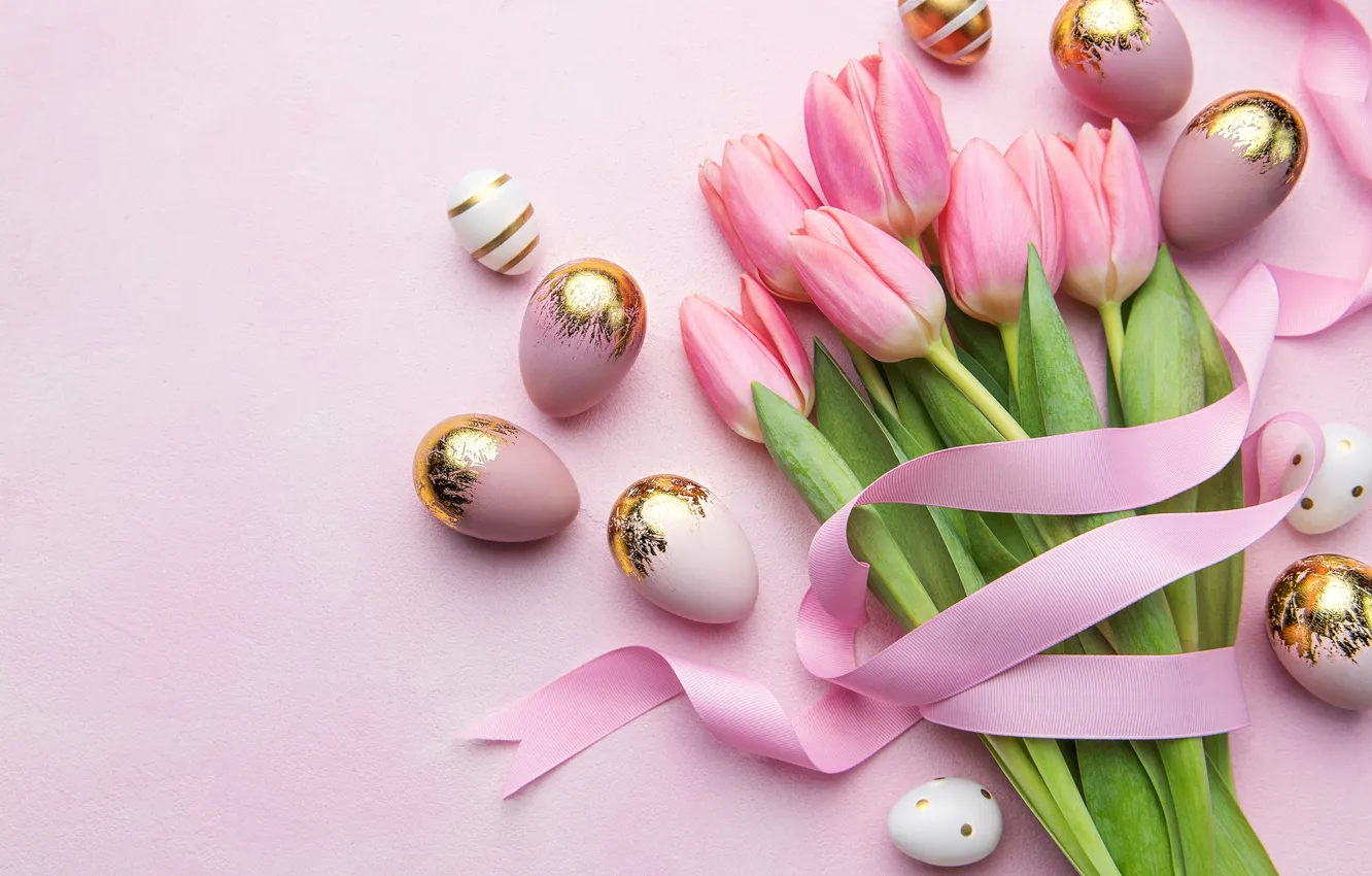 Photo wallpaper flowers, eggs, spring, Easter, tulips, happy, pink, flowers