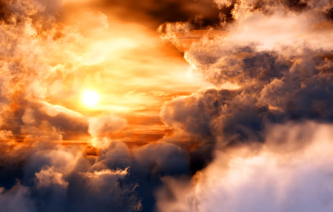 Photo wallpaper space, clouds, sunset, planet, sun
