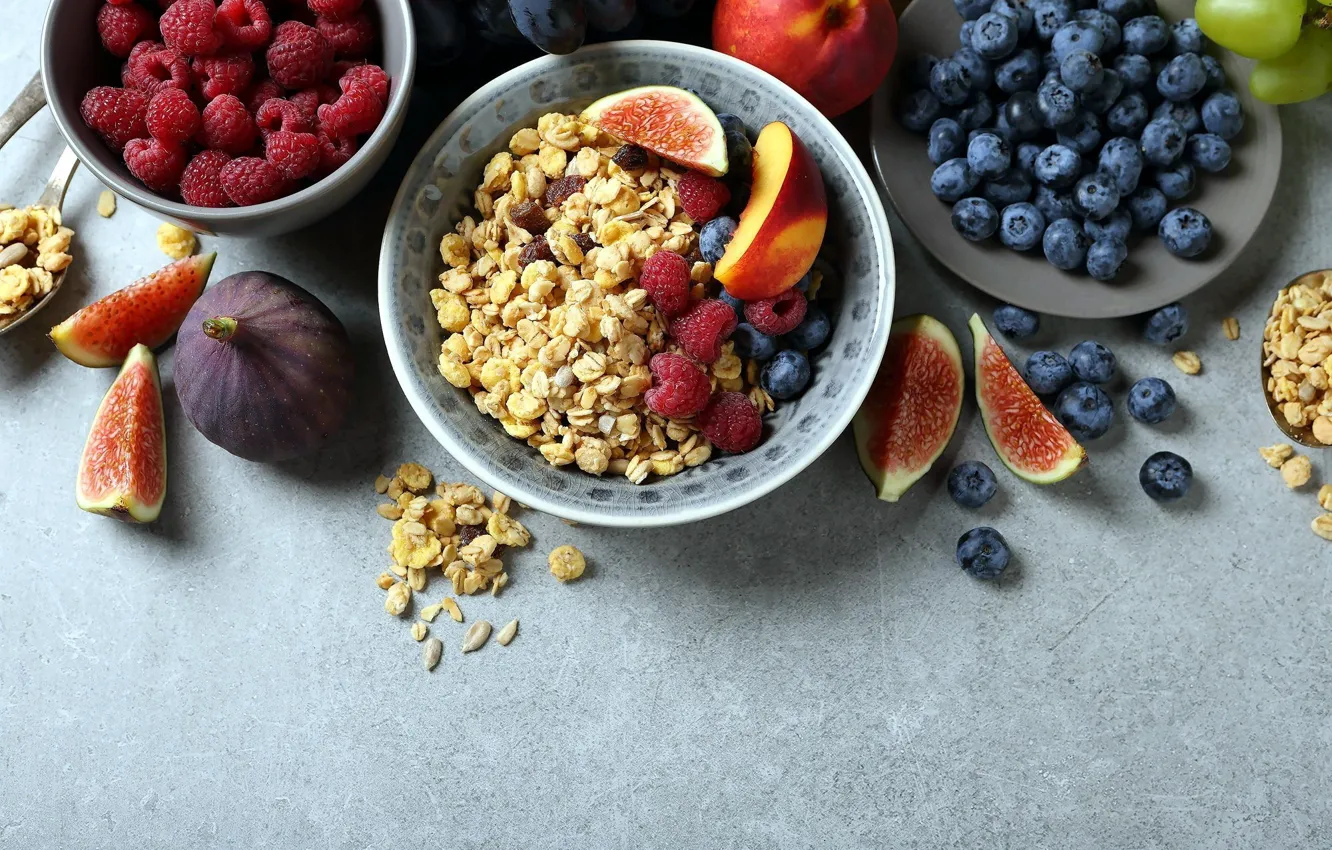 Photo wallpaper raspberry, Breakfast, blueberries, cereal, muesli, figs