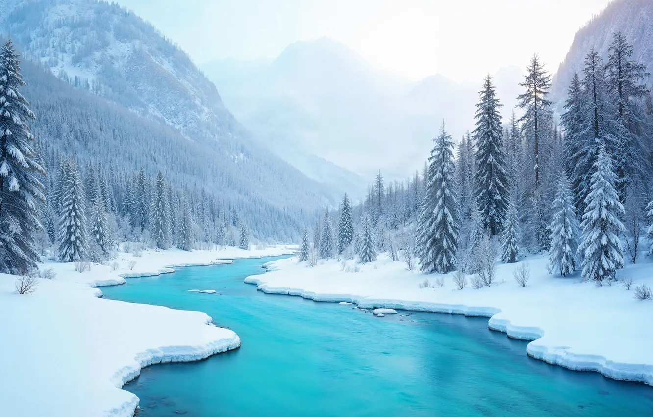 Photo wallpaper winter, forest, snow, river, tree, forest, nature, winter