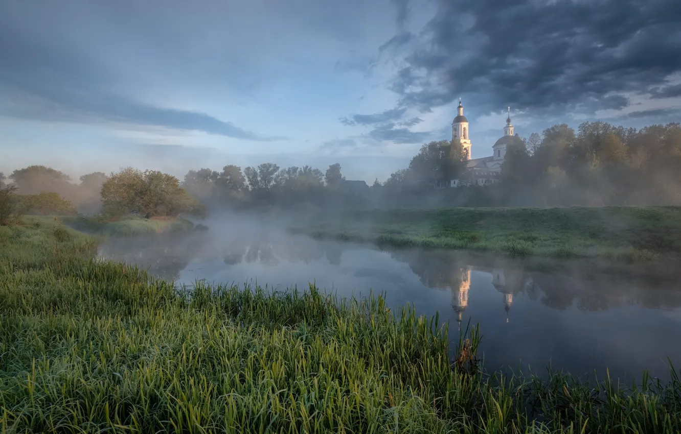 Photo wallpaper trees, landscape, nature, fog, spring, morning, Church, grass