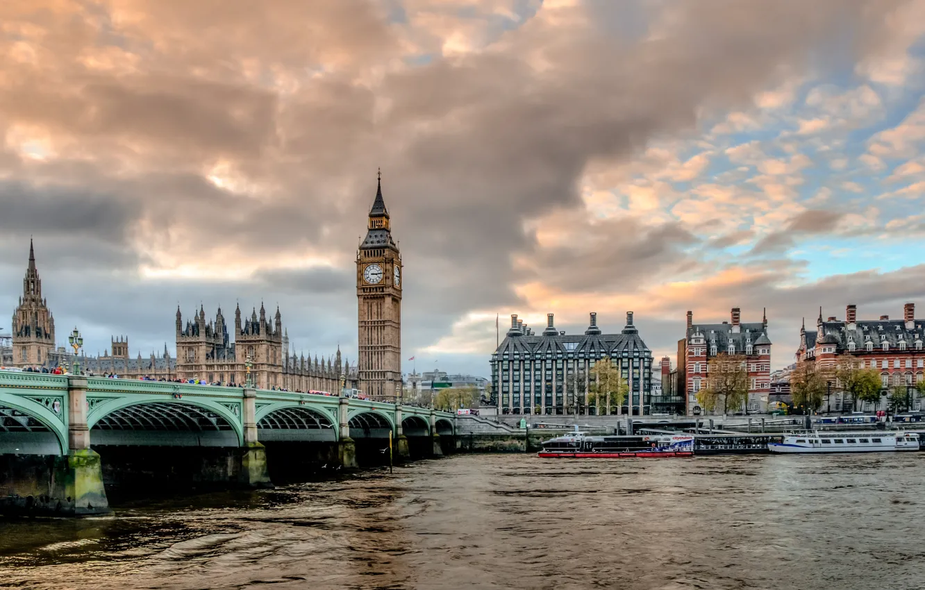Photo wallpaper clouds, bridge, the city, river, watch, England, London, building