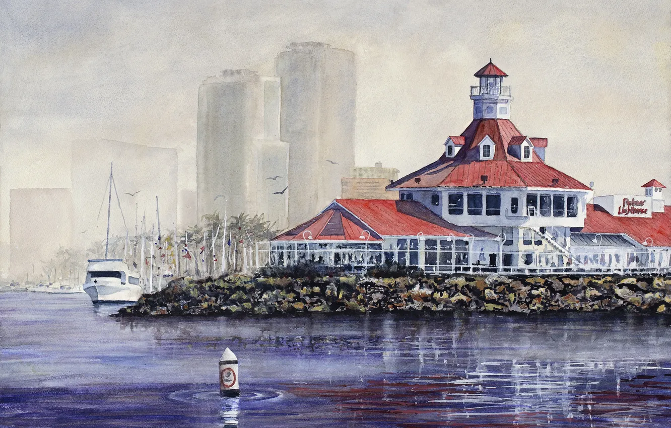 Photo wallpaper roof, sea, the city, lighthouse, yacht, lights, watercolor, promenade