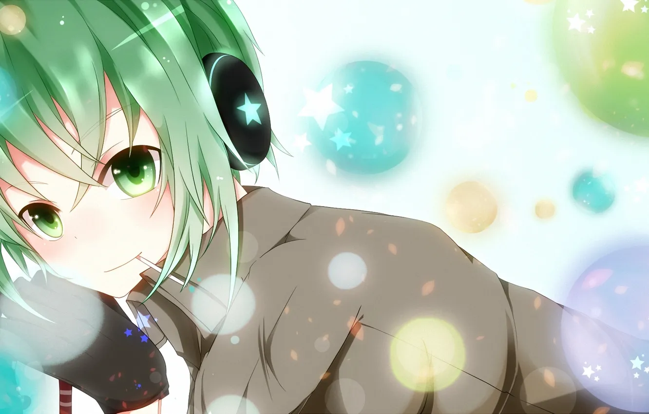Photo wallpaper headphones, art, guy, vocaloid, green hair, stars, bloodcatblack, gumo
