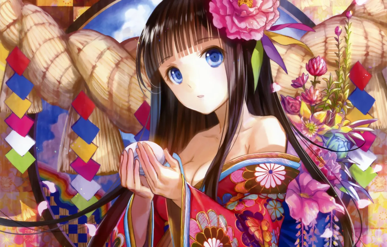 Photo wallpaper girl, flowers, anime, art, kimono, sitting, fuji choko