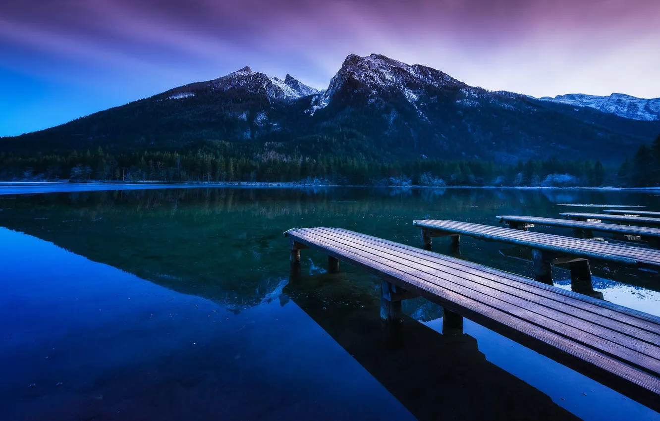 Photo wallpaper mountains, bridge, nature, lake, morning, twilight