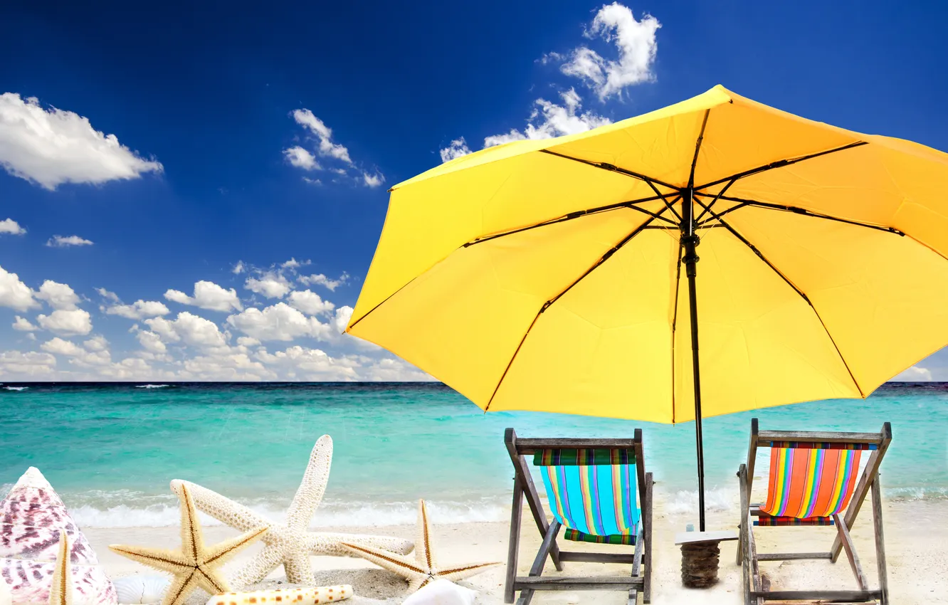 Photo wallpaper sand, sea, beach, the sun, stars, umbrella, chaise, shell