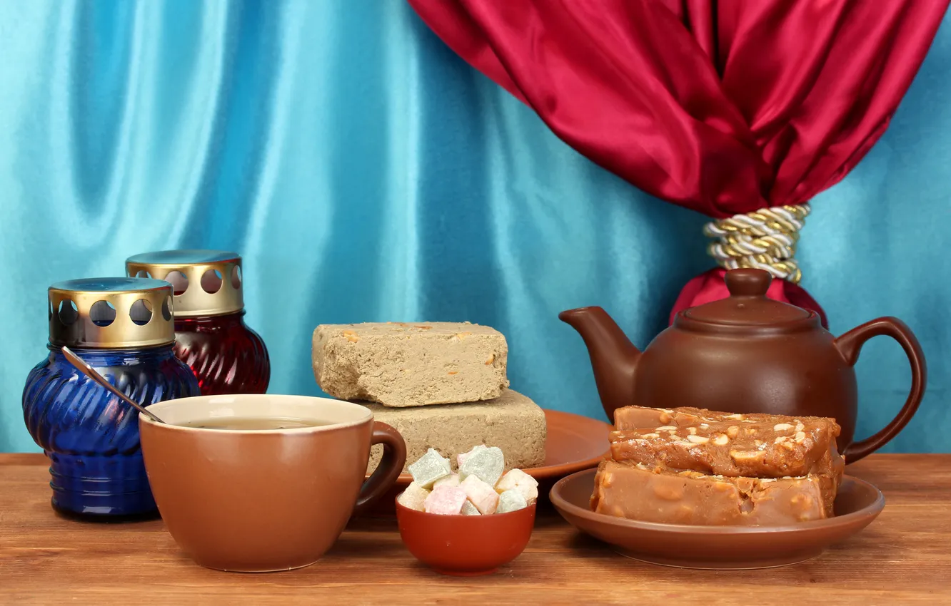 Photo wallpaper tea, sweets, curtain, teapot, candy, halva