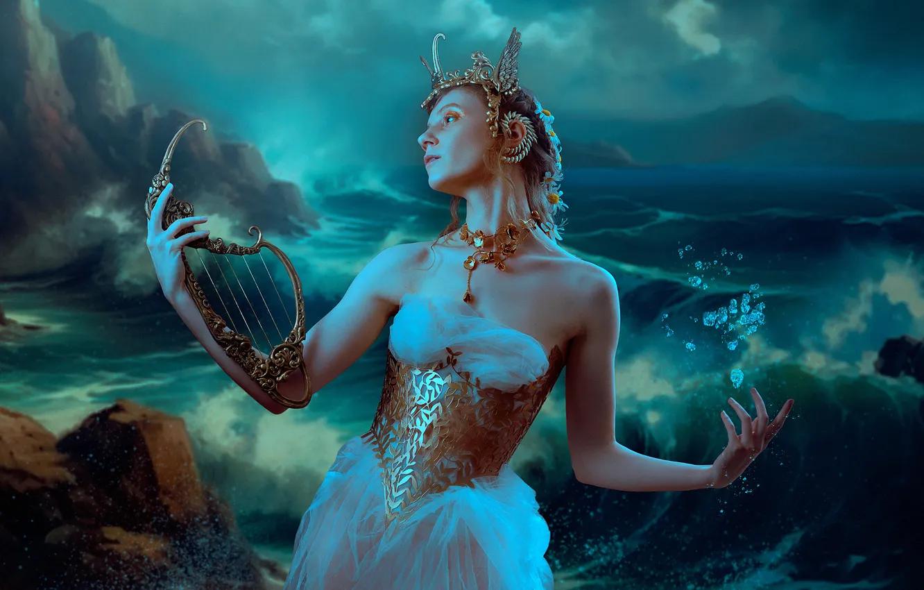 Photo wallpaper sea, wave, the sky, look, girl, drops, decoration, clouds
