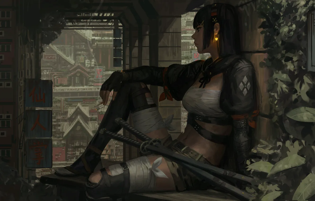 Photo wallpaper shorts, katana, earrings, columns, sign, mitts, bandage, girl warrior