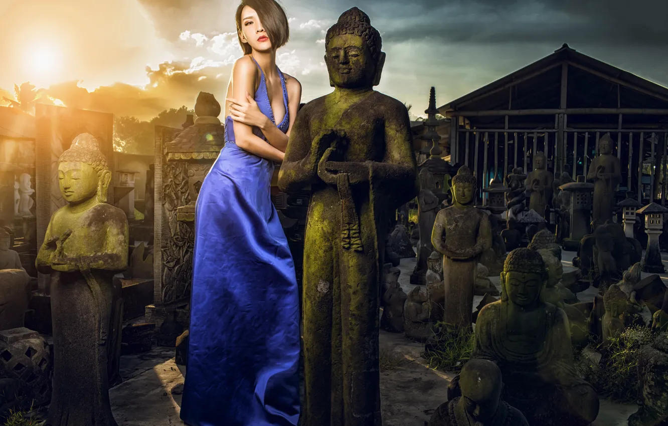 Photo wallpaper girl, dress, Asian, statues