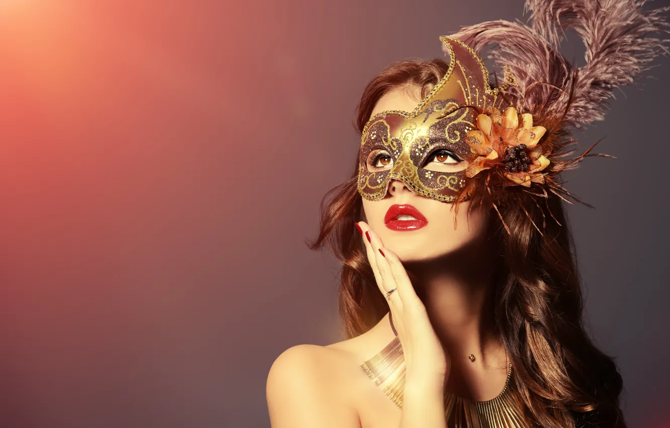 Photo wallpaper look, girl, background, hand, feathers, makeup, lipstick, mask