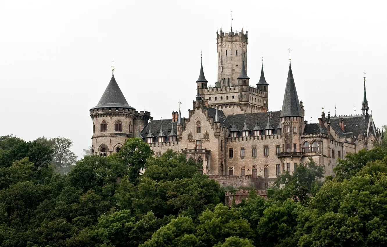 Photo wallpaper trees, castle, Germany, tower, Germany, spires, Marienburg Castle, Hannover