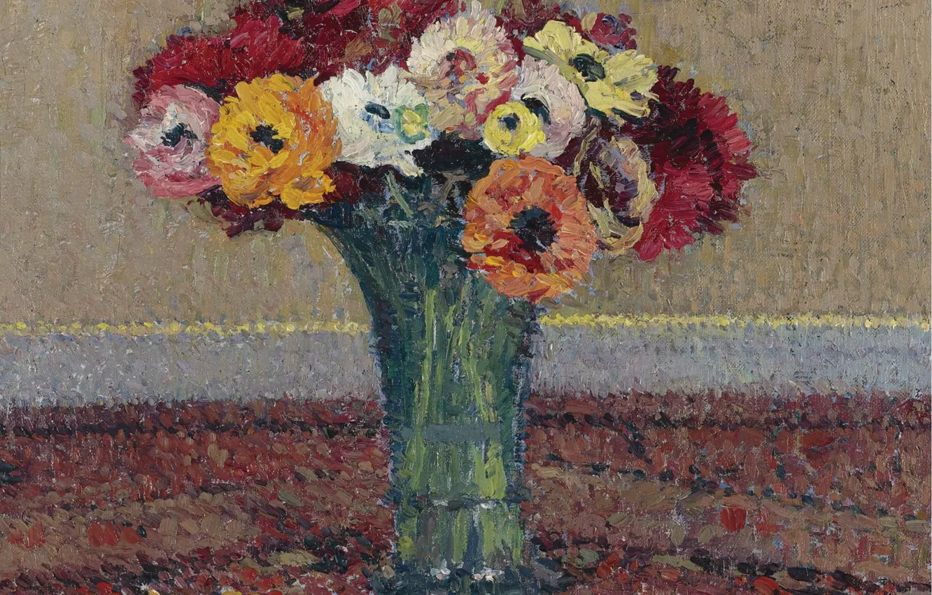 Photo wallpaper flowers, bouquet, picture, vase, Anemones, Henri-Jean Guillaume Martin, Henri Matrin