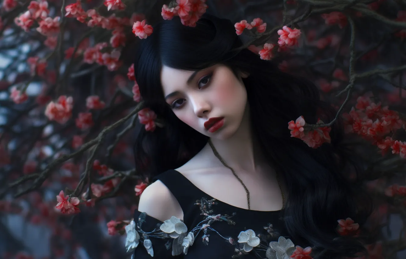 Photo wallpaper girl, face, image, Asian, digital art, AI art, The Art of Artificial Intelligence, neural network