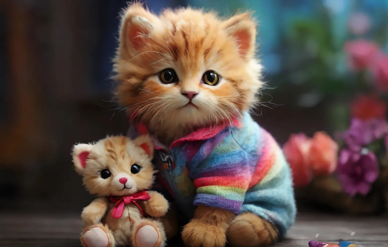 Photo wallpaper cat, look, pose, toy, baby, red, blouse, kitty