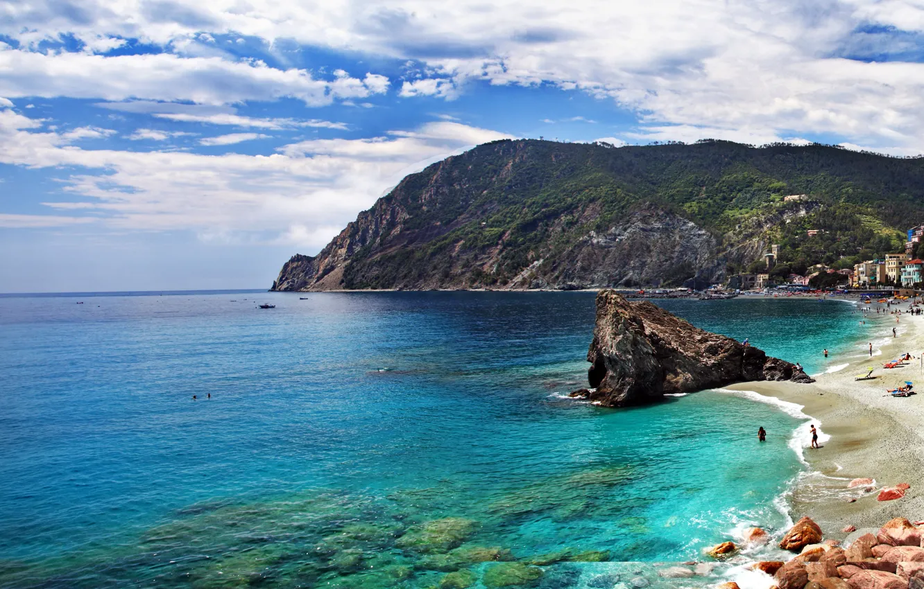 Photo wallpaper sea, beach, mountains, stones, rocks, coast, Italy, Liguria
