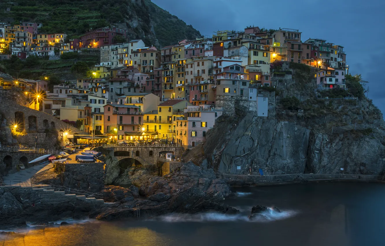 Photo wallpaper sea, night, lights, rocks, home, Italy, Manarola, Cinque Terre