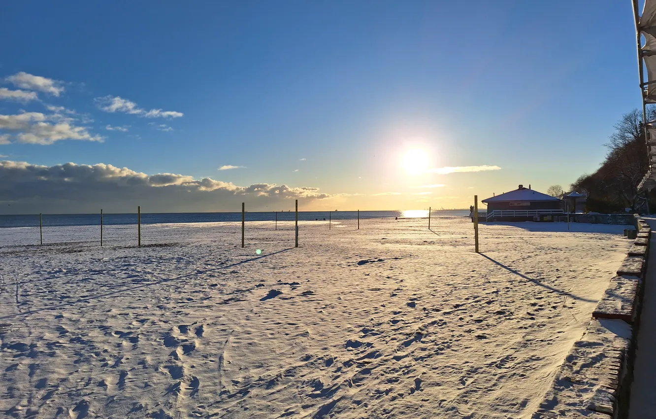 Photo wallpaper zima, beach, sunrise