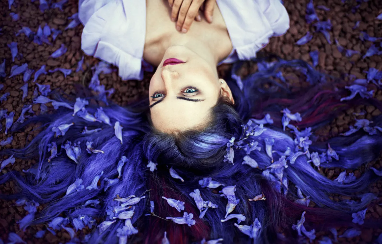 Photo wallpaper girl, mood, flowers, blue hair, Ronny Garcia