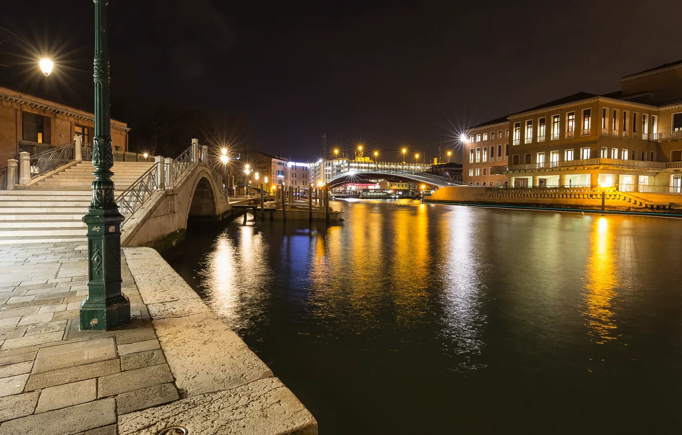 Photo wallpaper night, bridge, lights, home, lights, Italy, Venice, channel