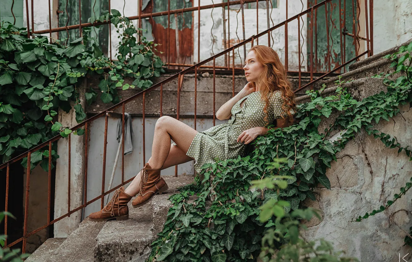 Photo wallpaper dress, model, women, redhead, plants, sitting, boots, stairs